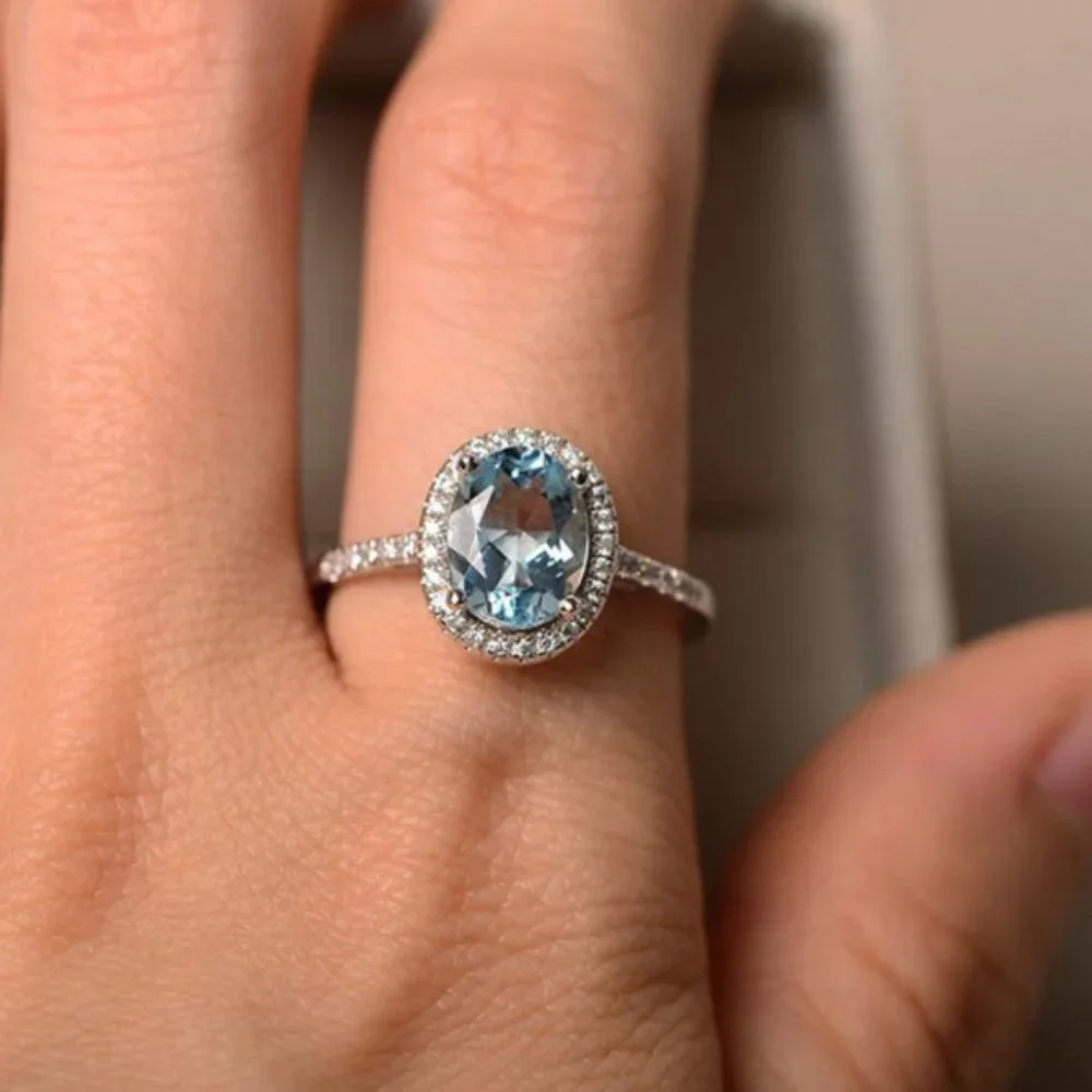 *NEW Silver Aquamarine Diamond Halo Oval Cut Ring